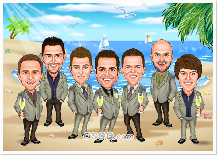 Beach Wedding Party Caricatures